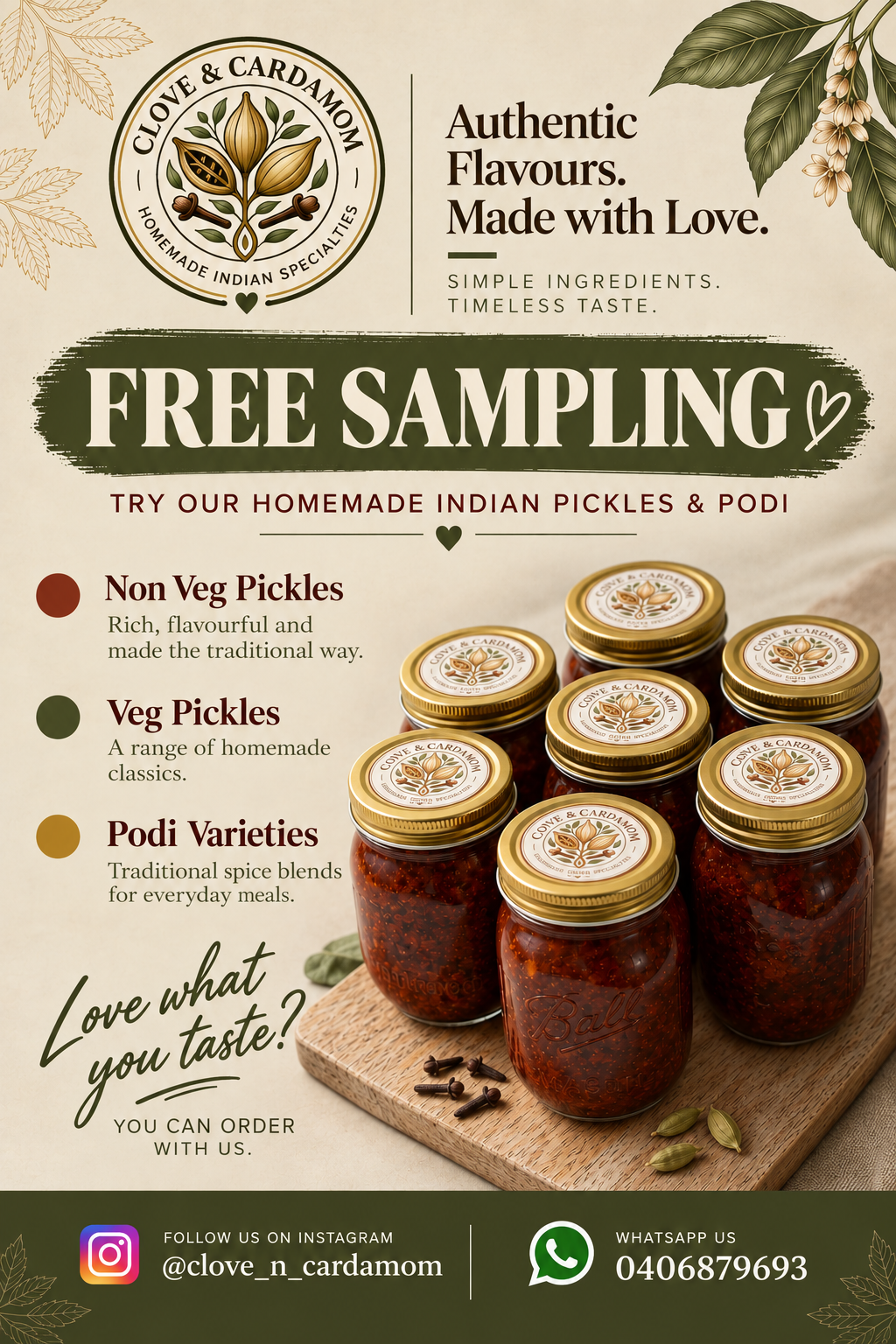 Clove & Cardamom pickle jars with golden lids on a wooden serving board